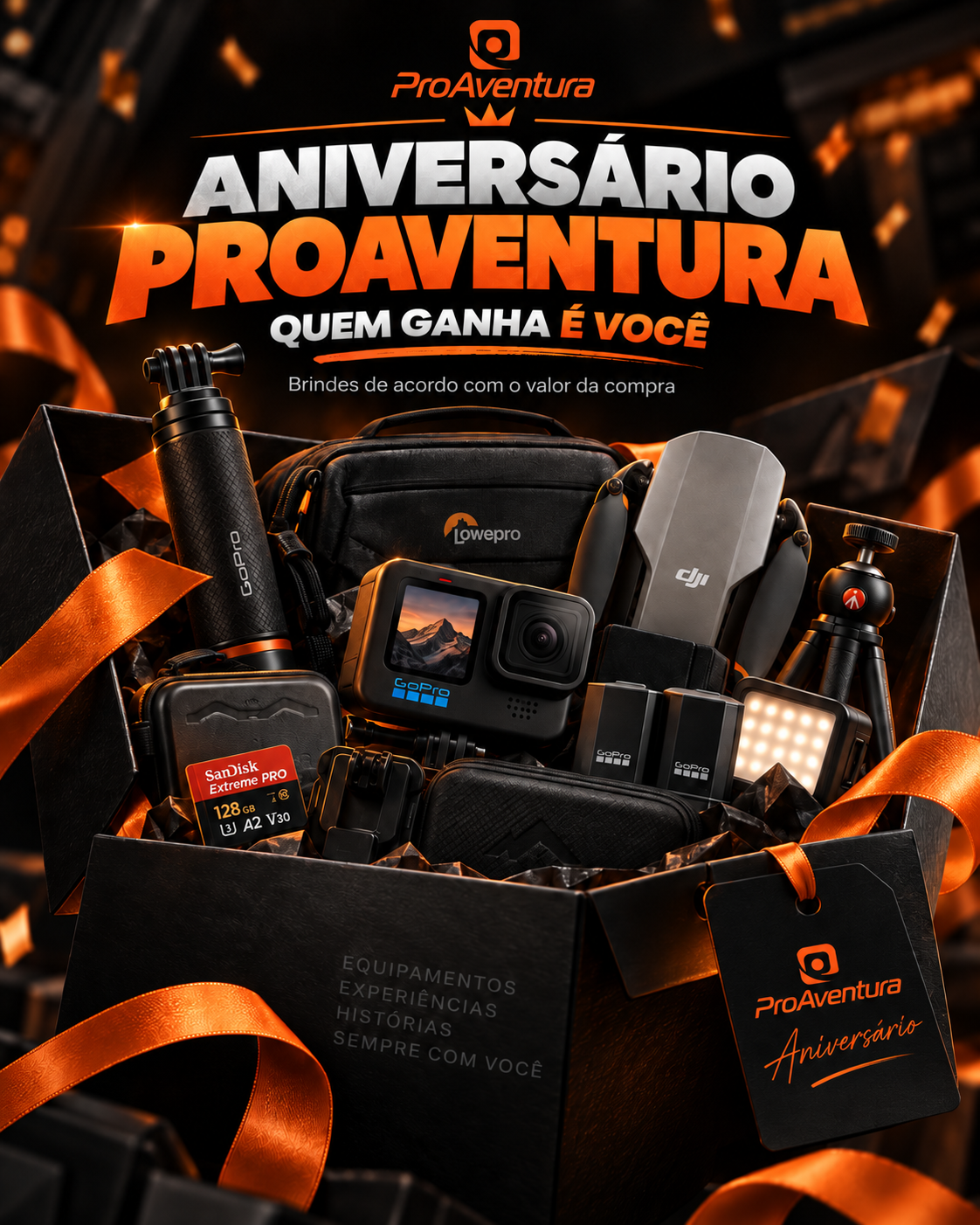 Banner de aniversário da ProAventura com equipamentos em caixa preta
