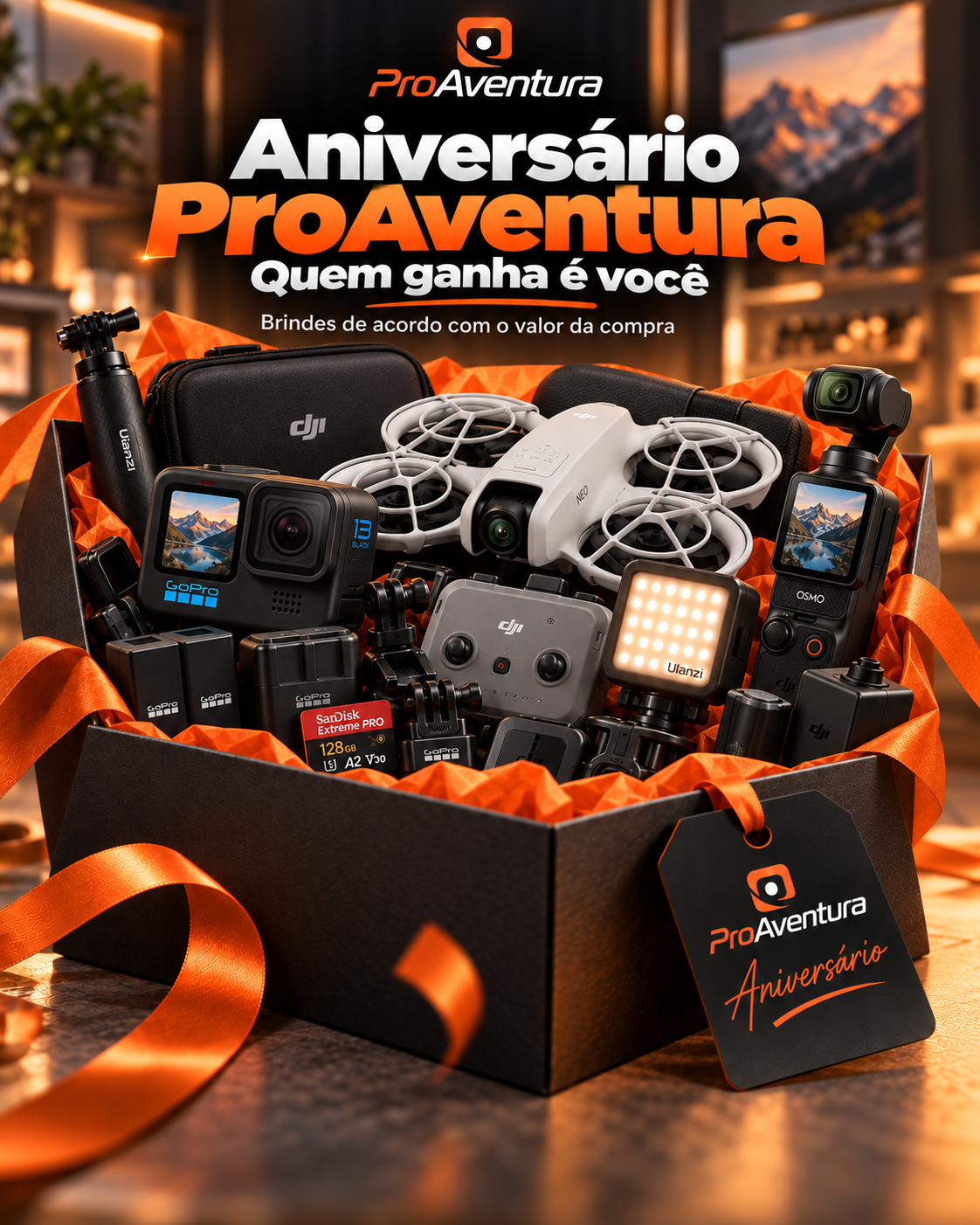 Banner de aniversário da ProAventura com caixa de presentes e equipamentos